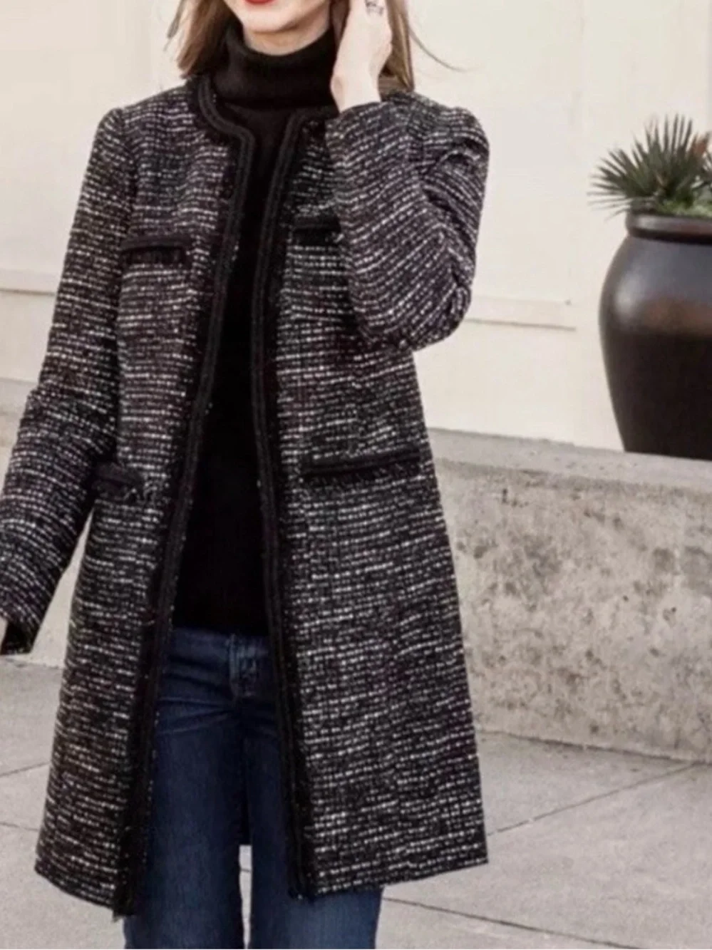 J. Crew Black Tweed Collarless Pea Coat